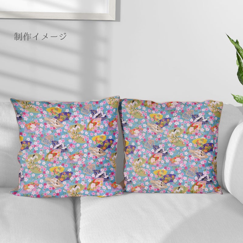 和柄コットン生地 桜に雅扇ちらし(空色) 10cm単位 切り売り