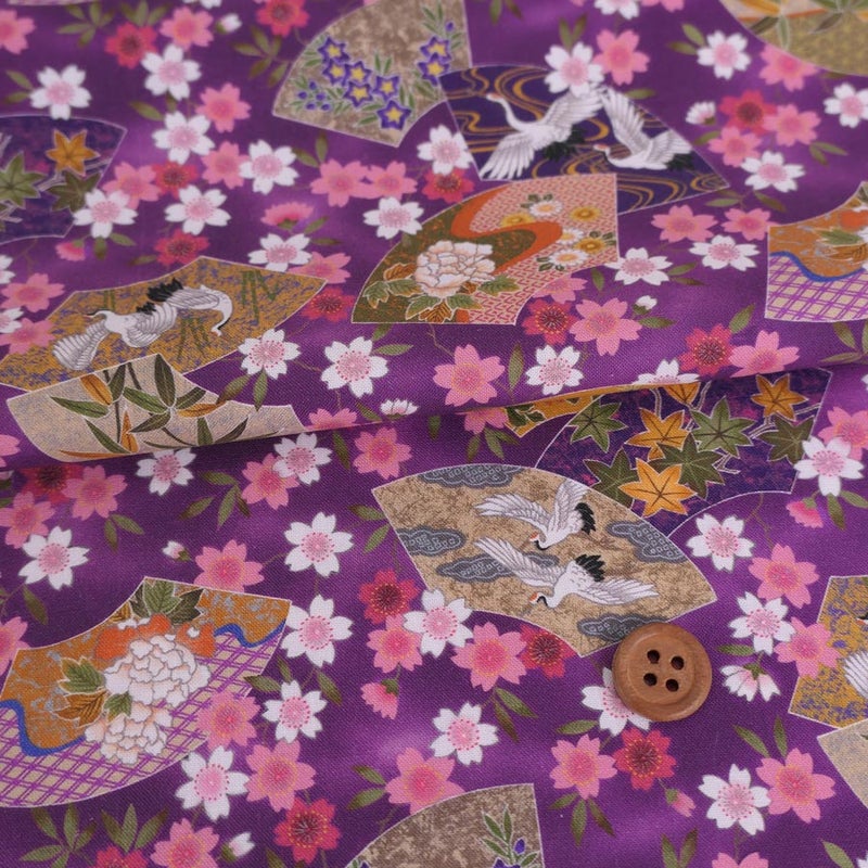 和柄コットン生地 桜に雅扇ちらし(紫) 10cm単位 切り売り