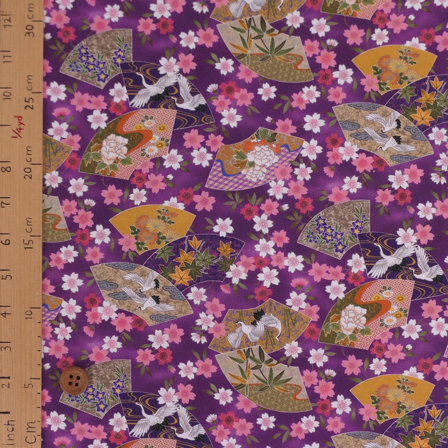 和柄コットン生地 桜に雅扇ちらし(紫) 10cm単位 切り売り