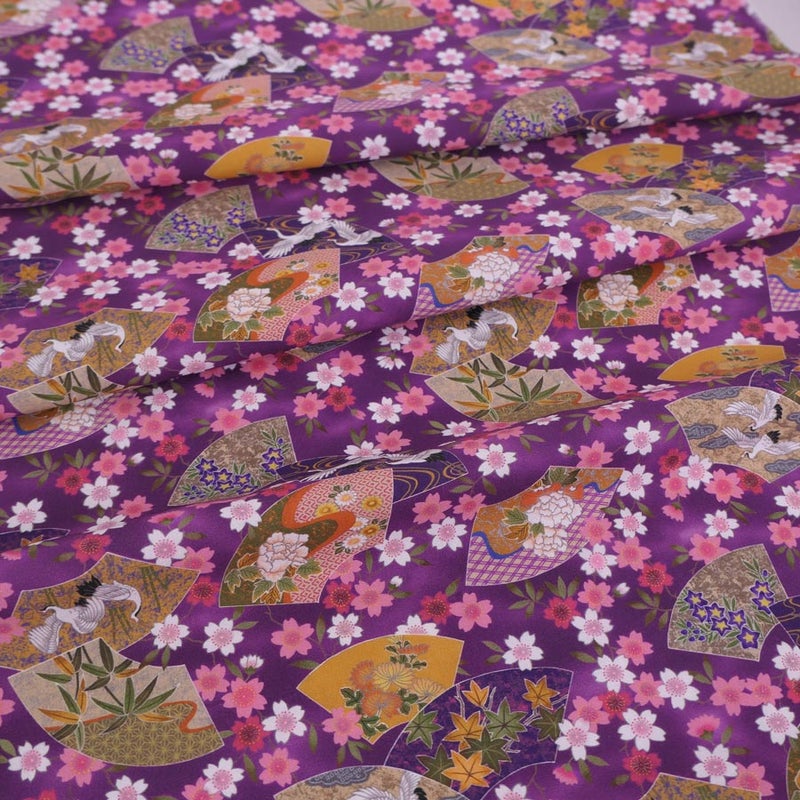 和柄コットン生地 桜に雅扇ちらし(紫) 10cm単位 切り売り
