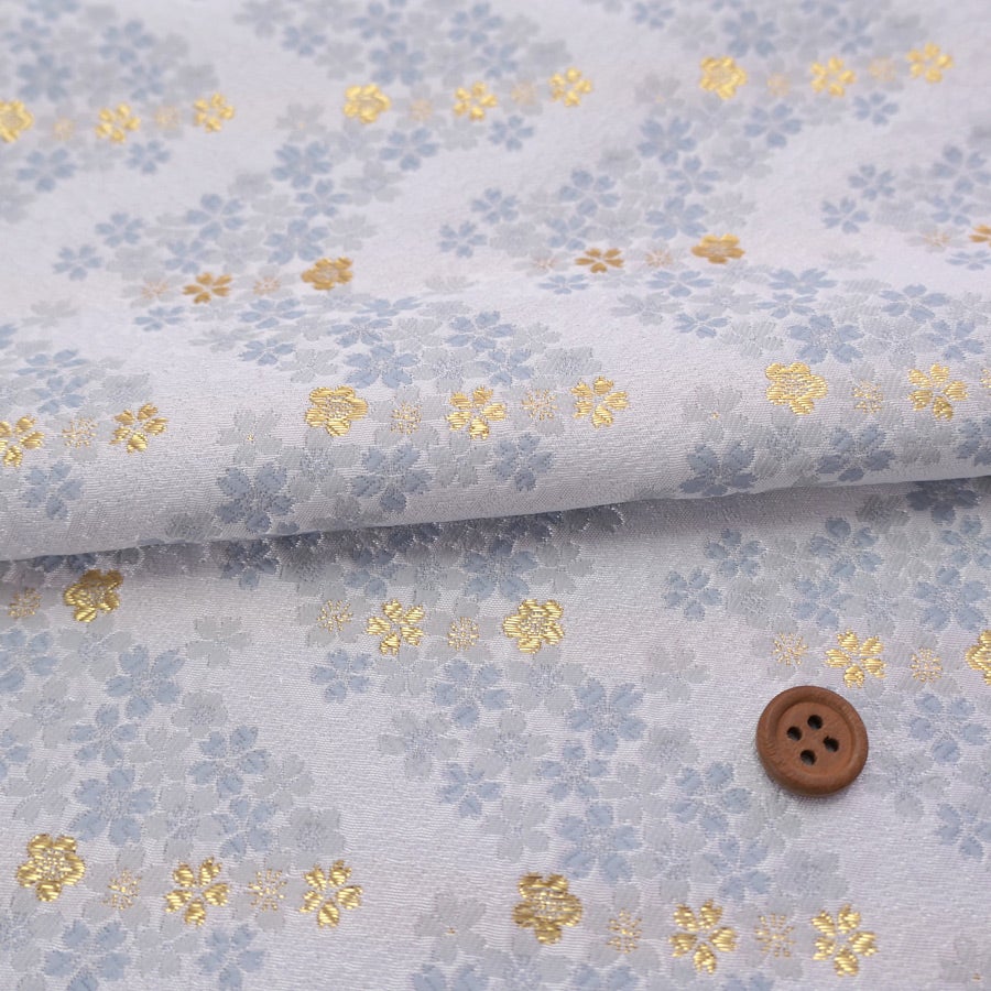 金襴生地(金らん) 桜波(白/水色) 10cm単位 切り売り |生地 和柄/和布