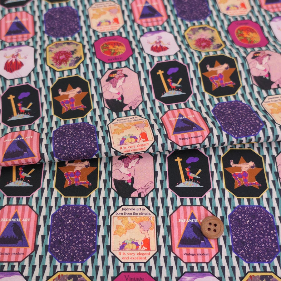 和柄コットン生地 レトロモダン額絵柄(シック) 10cm単位 切り売り