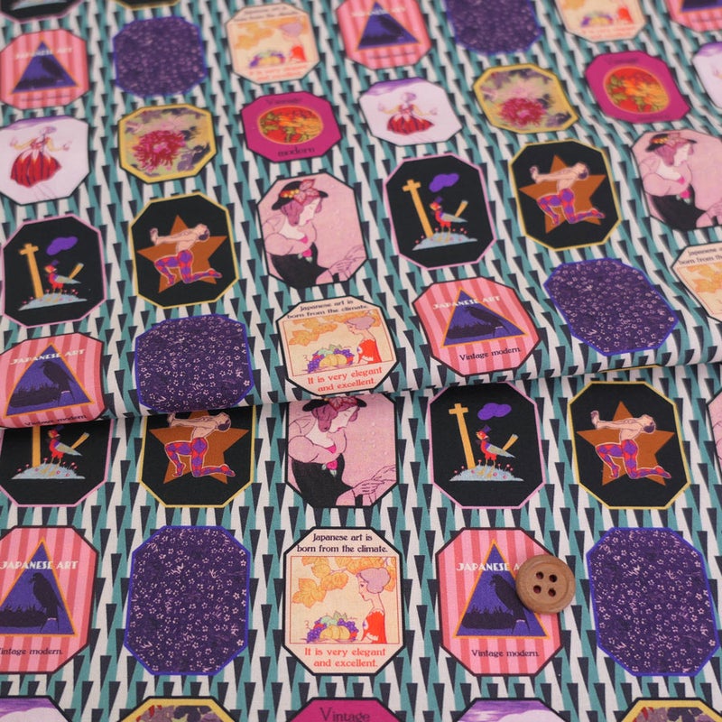 和柄コットン生地 レトロモダン額絵柄(シック) 10cm単位 切り売り