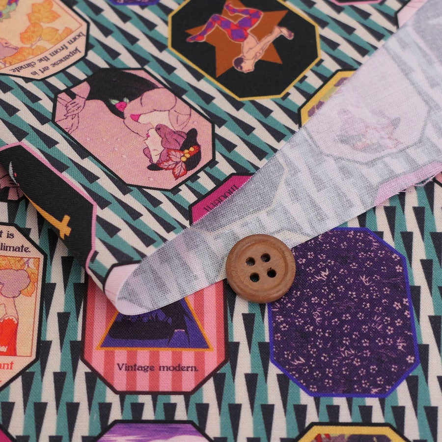 和柄コットン生地 レトロモダン額絵柄(シック) 10cm単位 切り売り