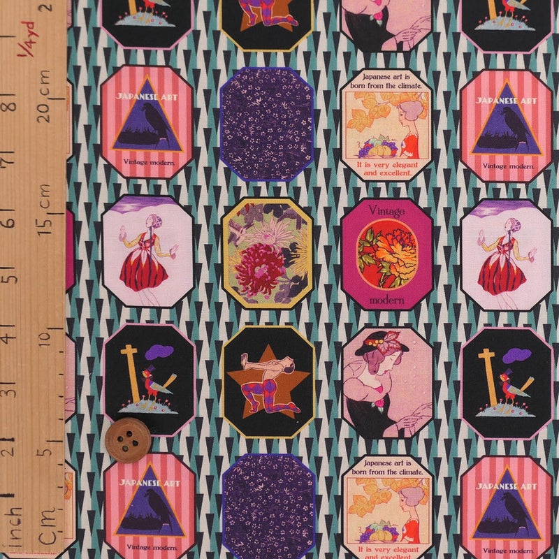 和柄コットン生地 レトロモダン額絵柄(シック) 10cm単位 切り売り