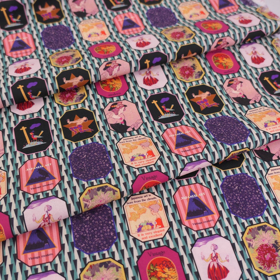 和柄コットン生地 レトロモダン額絵柄(シック) 10cm単位 切り売り