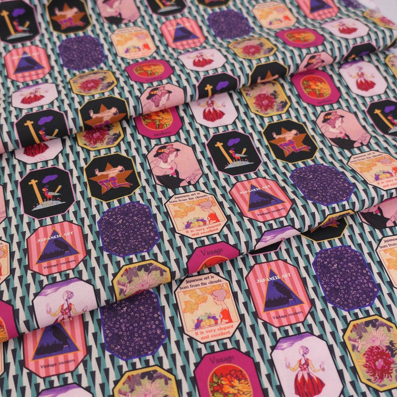 和柄コットン生地 レトロモダン額絵柄(シック) 10cm単位 切り売り