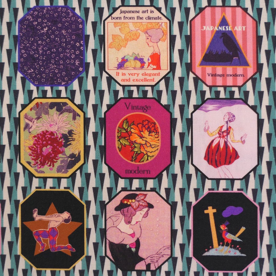 和柄コットン生地 レトロモダン額絵柄(シック) 10cm単位 切り売り