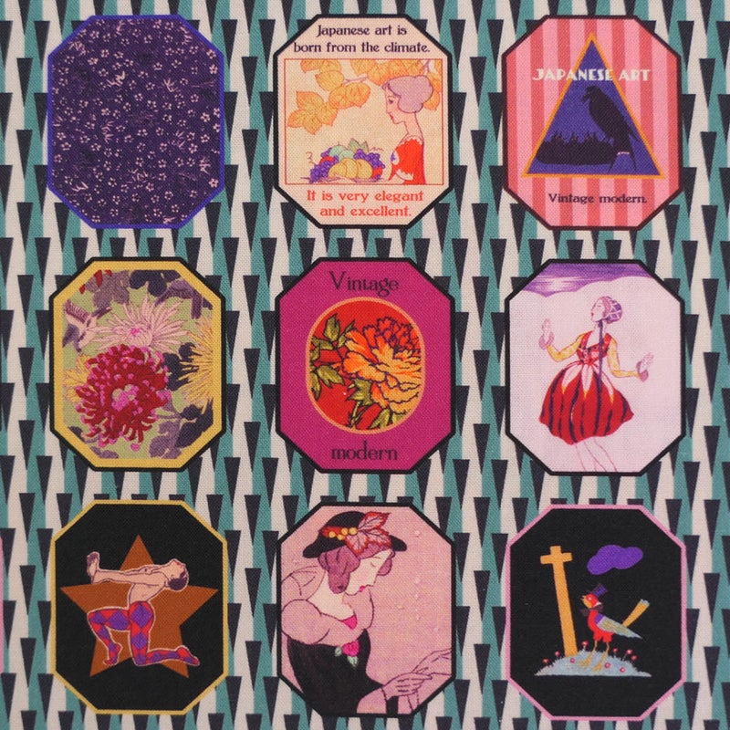 和柄コットン生地 レトロモダン額絵柄(シック) 10cm単位 切り売り