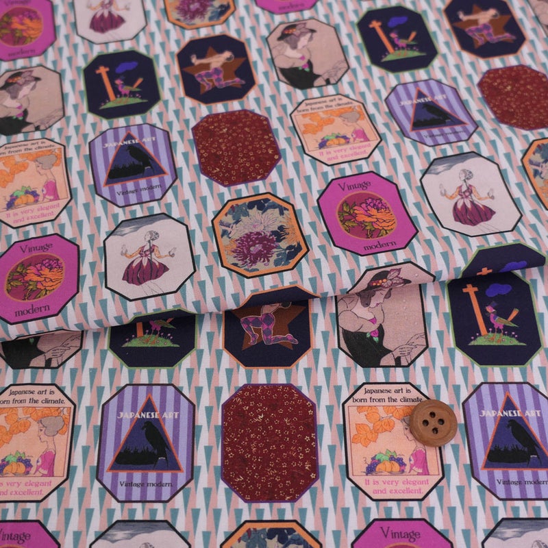 和柄コットン生地 レトロモダン額絵柄(ソフト) 10cm単位 切り売り