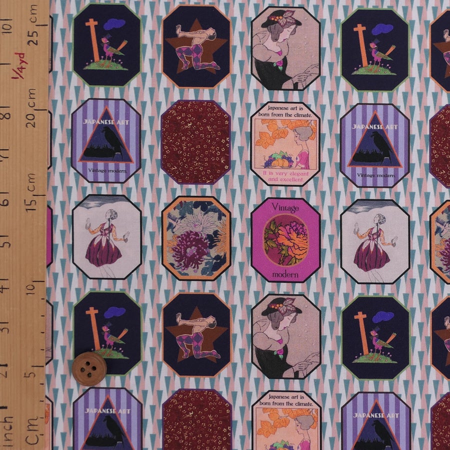 和柄コットン生地 レトロモダン額絵柄(ソフト) 10cm単位 切り売り