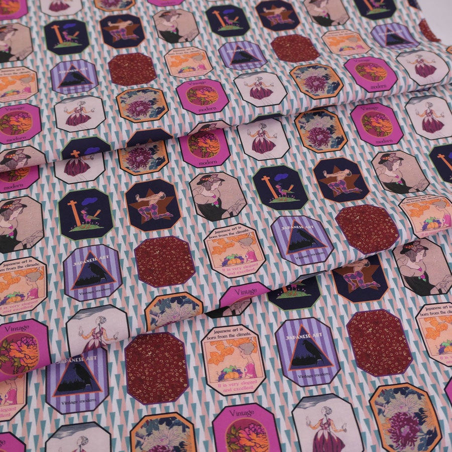 和柄コットン生地 レトロモダン額絵柄(ソフト) 10cm単位 切り売り