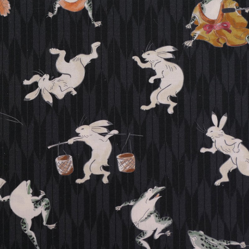 和柄コットン生地 鳥獣戯画風うさぎとかえる 10cm単位 切り売り