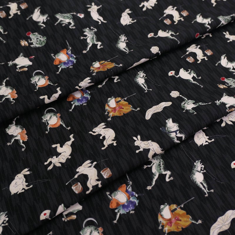 和柄コットン生地 鳥獣戯画風うさぎとかえる 10cm単位 切り売り