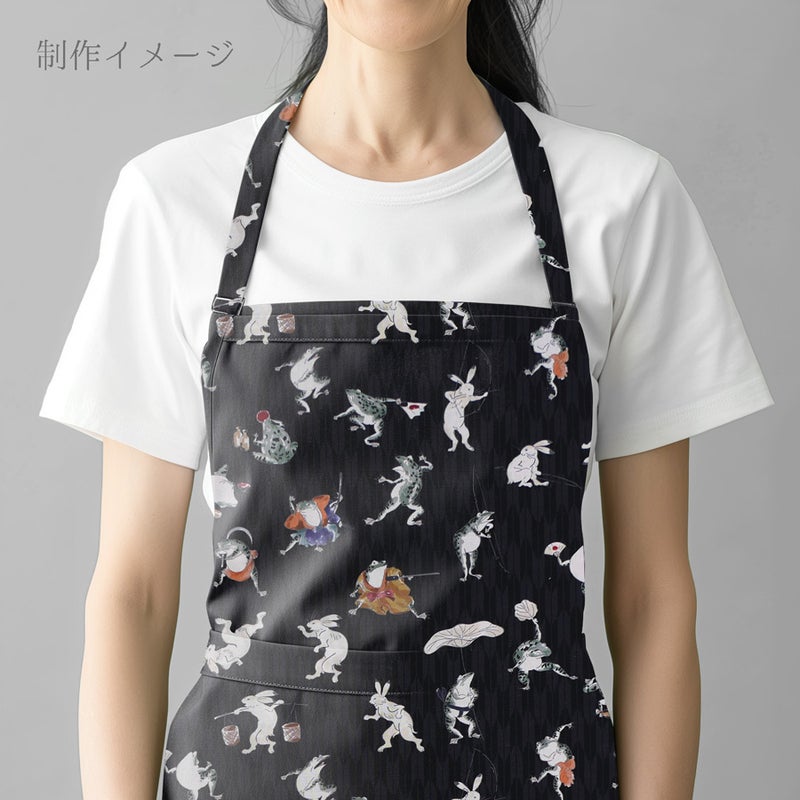 和柄コットン生地 鳥獣戯画風うさぎとかえる 10cm単位 切り売り