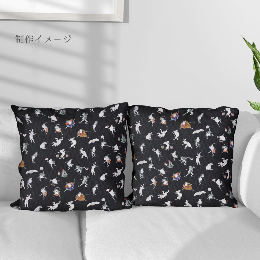 和柄コットン生地 鳥獣戯画風うさぎとかえる 10cm単位 切り売り