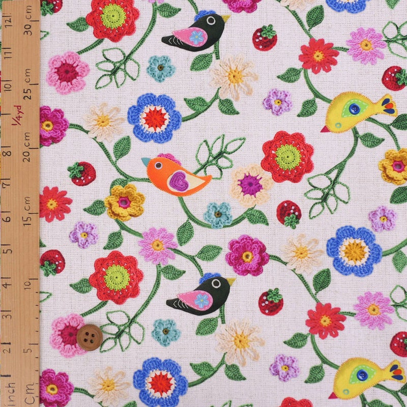 コットン生地 かぎ編み風の花と小鳥といちご 10cm単位 切り売り