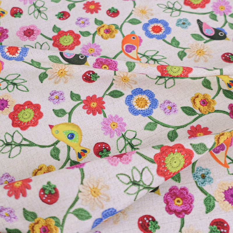 コットン生地 かぎ編み風の花と小鳥といちご 10cm単位 切り売り
