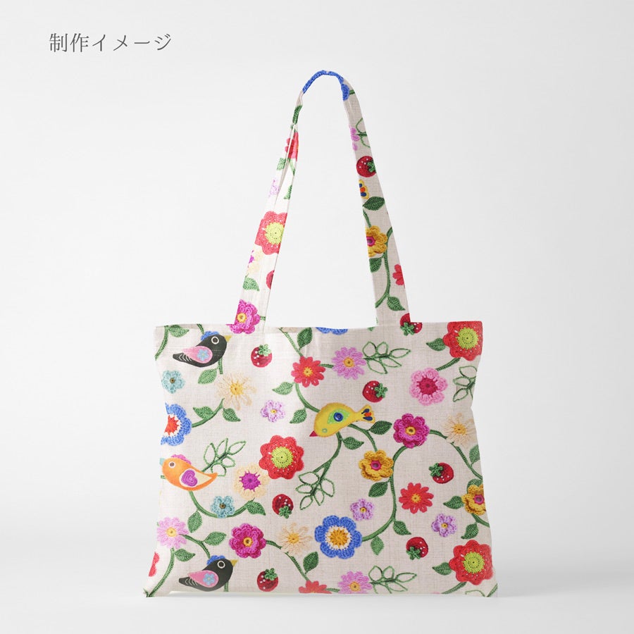 コットン生地 かぎ編み風の花と小鳥といちご 10cm単位 切り売り