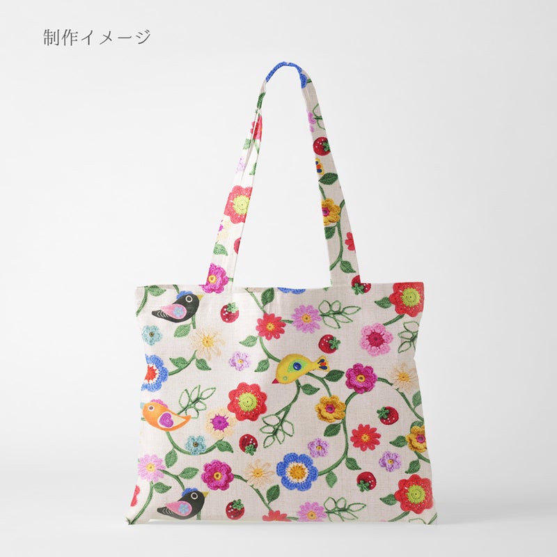 コットン生地 かぎ編み風の花と小鳥といちご 10cm単位 切り売り