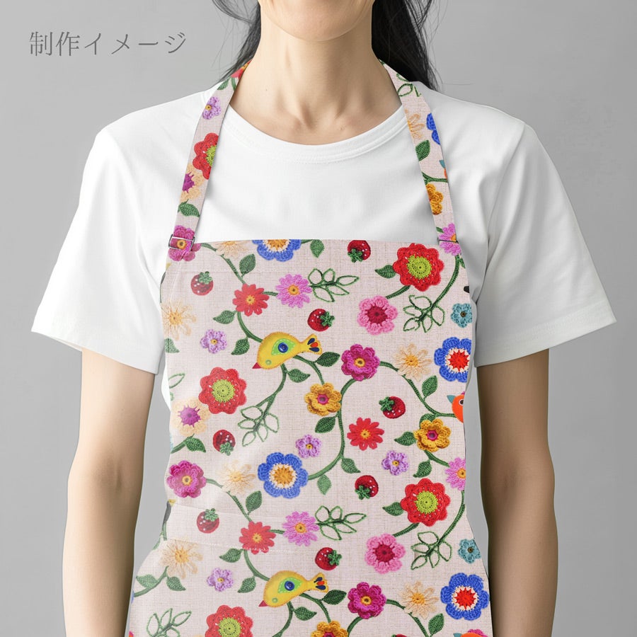 コットン生地 かぎ編み風の花と小鳥といちご 10cm単位 切り売り