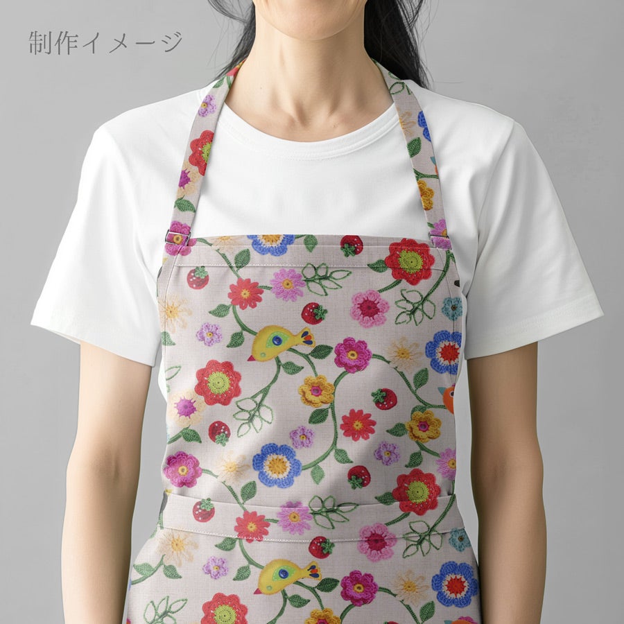 コットン生地 かぎ編み風の花と小鳥といちご 10cm単位 切り売り