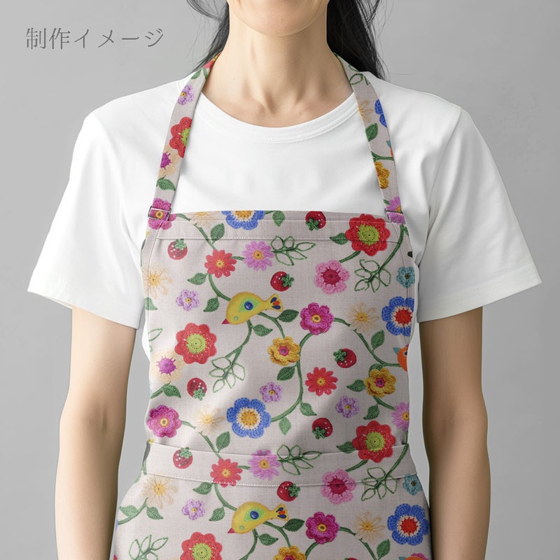 コットン生地 かぎ編み風の花と小鳥といちご 10cm単位 切り売り