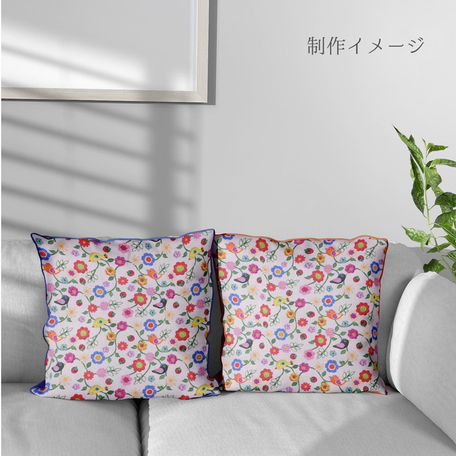 コットン生地 かぎ編み風の花と小鳥といちご 10cm単位 切り売り