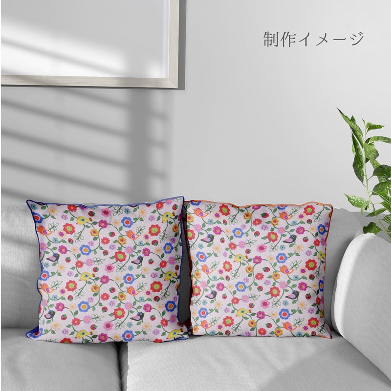 コットン生地 かぎ編み風の花と小鳥といちご 10cm単位 切り売り