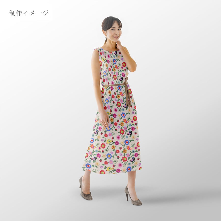 コットン生地 かぎ編み風の花と小鳥といちご 10cm単位 切り売り