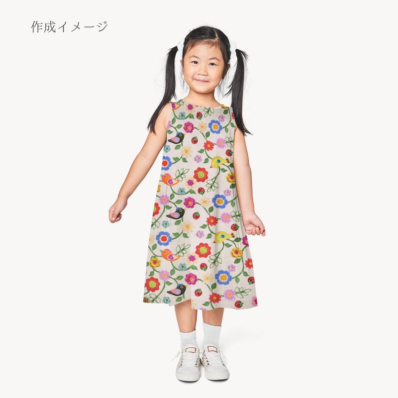 コットン生地 かぎ編み風の花と小鳥といちご 10cm単位 切り売り