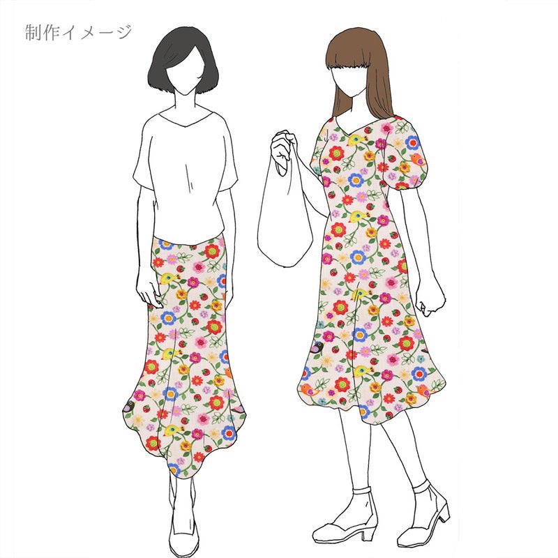 コットン生地 かぎ編み風の花と小鳥といちご 10cm単位 切り売り