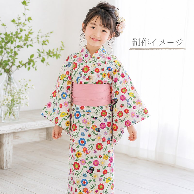 コットン生地 かぎ編み風の花と小鳥といちご 女の子浴衣