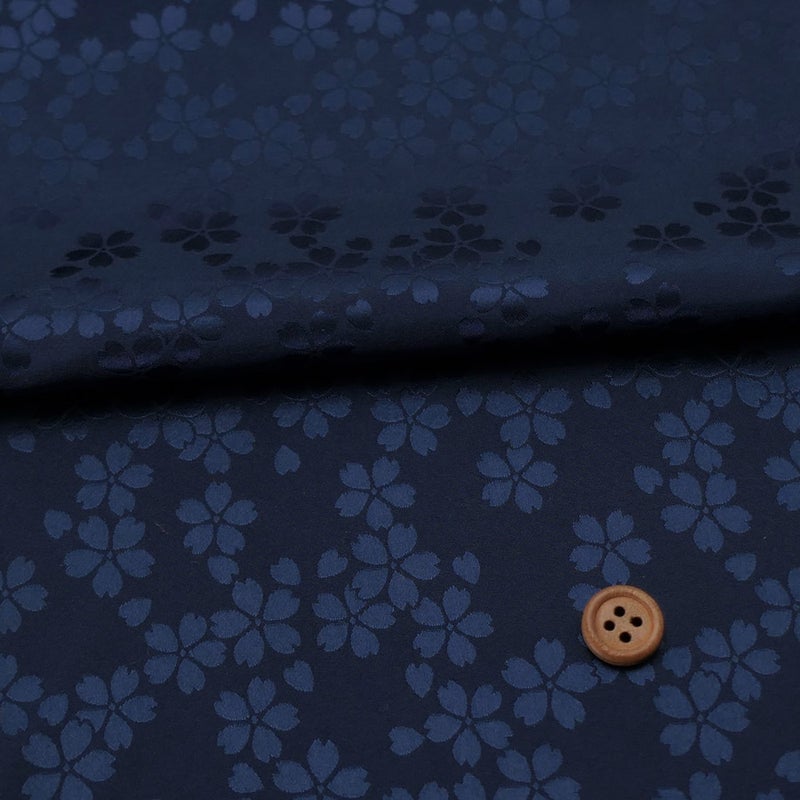 ポリエステル生地 W巾 サテンジャカード 桜模様(紺色) 10cm単位 切り売り