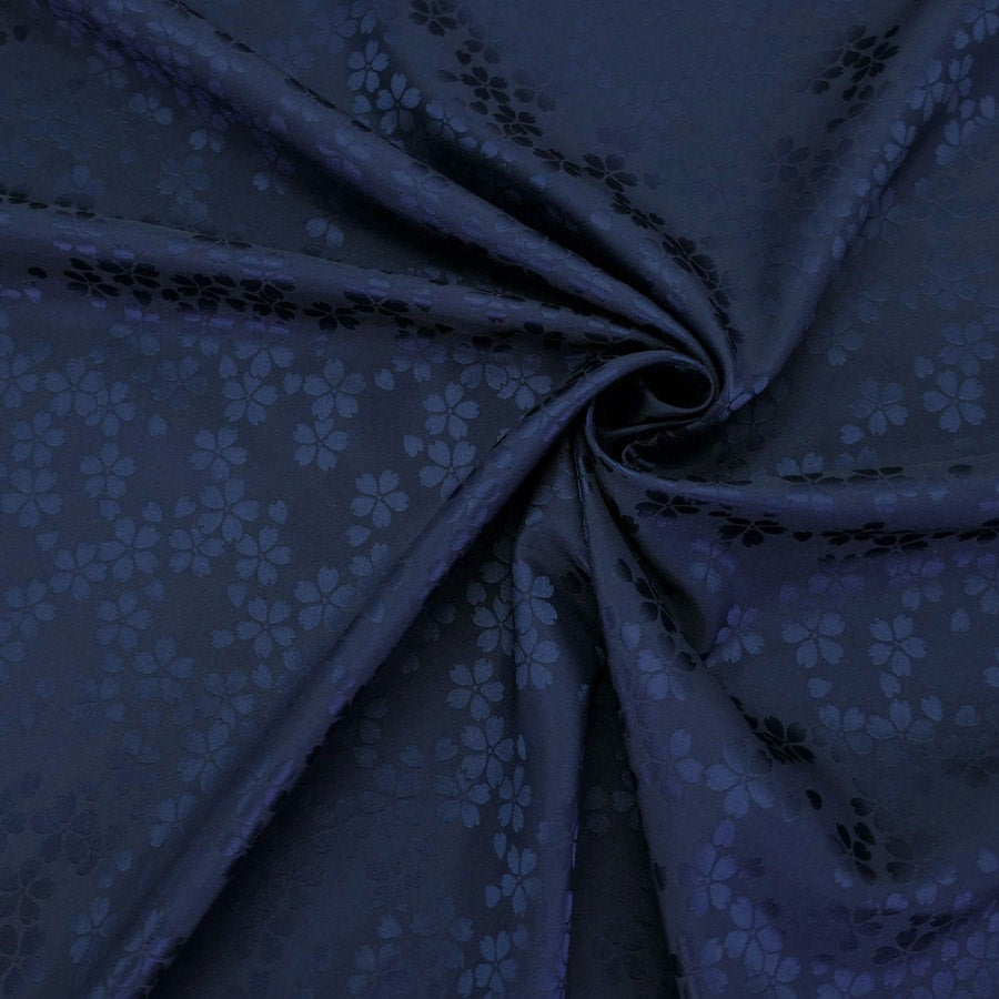 ポリエステル生地 W巾 サテンジャカード 桜模様(紺色) 10cm単位 切り売り