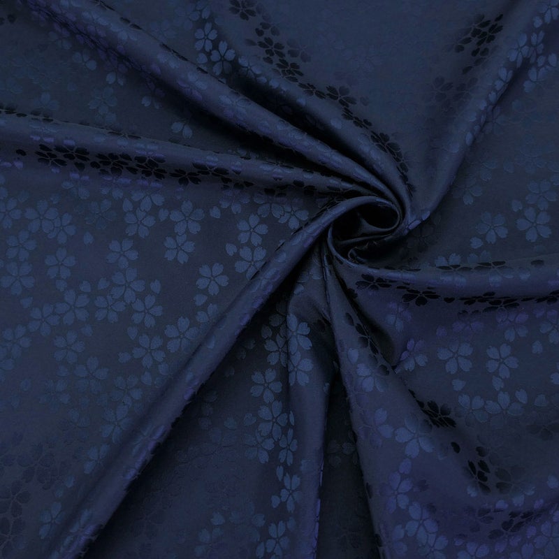 ポリエステル生地 W巾 サテンジャカード 桜模様(紺色) 10cm単位 切り売り