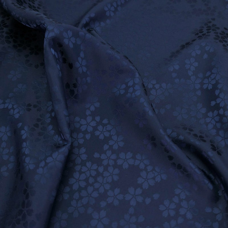 ポリエステル生地 W巾 サテンジャカード 桜模様(紺色) 10cm単位 切り売り