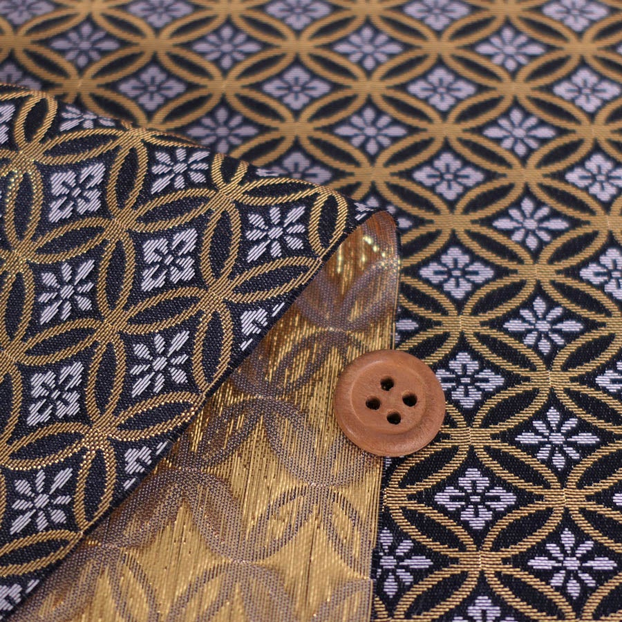 金襴生地(金らん) 花菱七宝つなぎ(黒) 10cm単位 切り売り