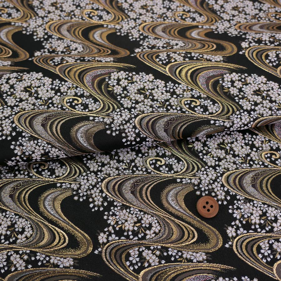金襴生地(金らん) 夜桜流水(黒) 10cm単位 切り売り