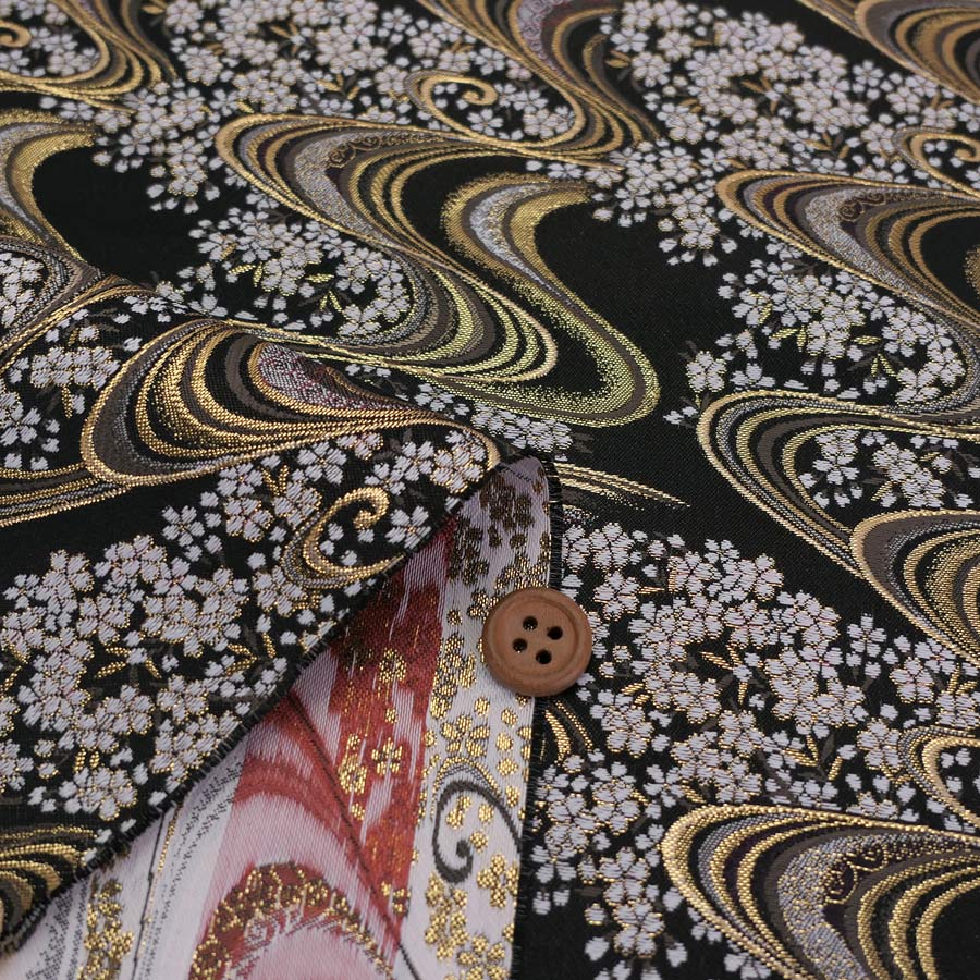 金襴生地(金らん) 夜桜流水(黒) 10cm単位 切り売り