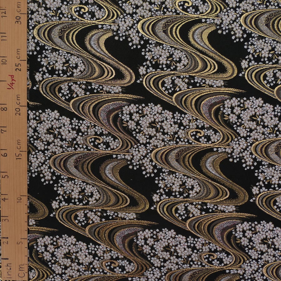 金襴生地(金らん) 夜桜流水(黒) 10cm単位 切り売り