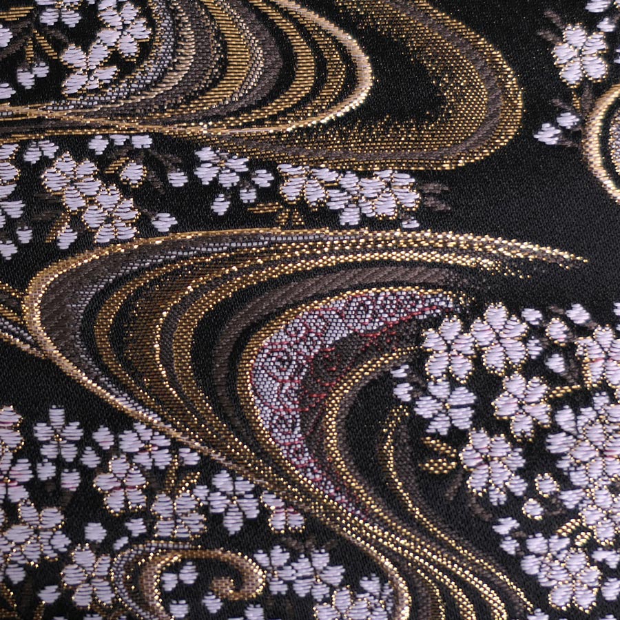 金襴生地(金らん) 夜桜流水(黒) 10cm単位 切り売り