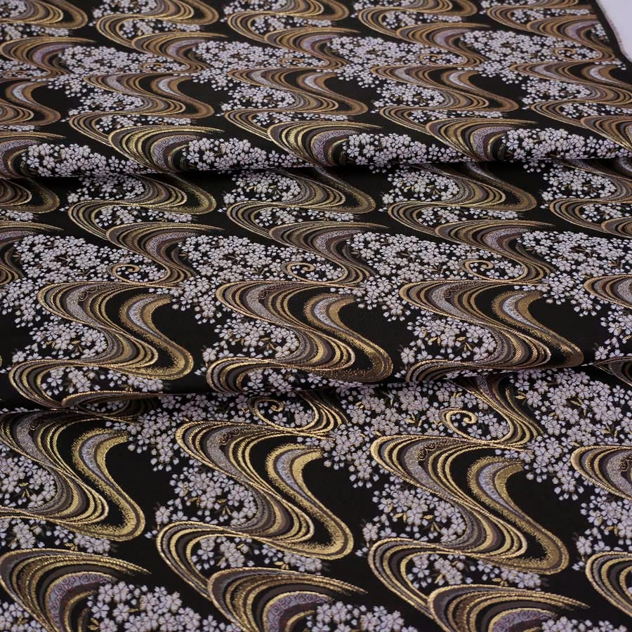 金襴生地(金らん) 夜桜流水(黒) 10cm単位 切り売り