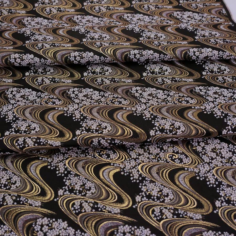 金襴生地(金らん) 夜桜流水(黒) 10cm単位 切り売り