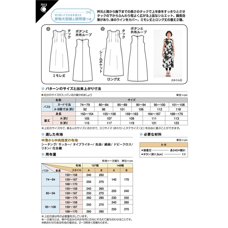 実物大型紙・ノースリーブタックワンピース