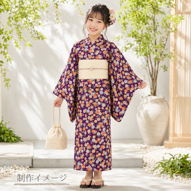和柄コットン生地 彩り菊づくし(紫) 女の子の浴衣