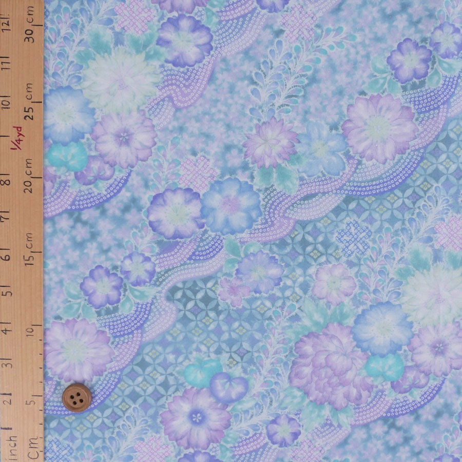 和柄コットン生地 辻が花調花づくし(ブルー) 10cm単位 切り売り
