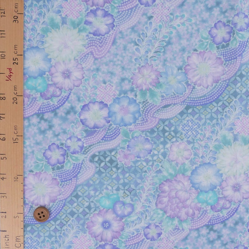 和柄コットン生地 辻が花調花づくし(ブルー) 10cm単位 切り売り