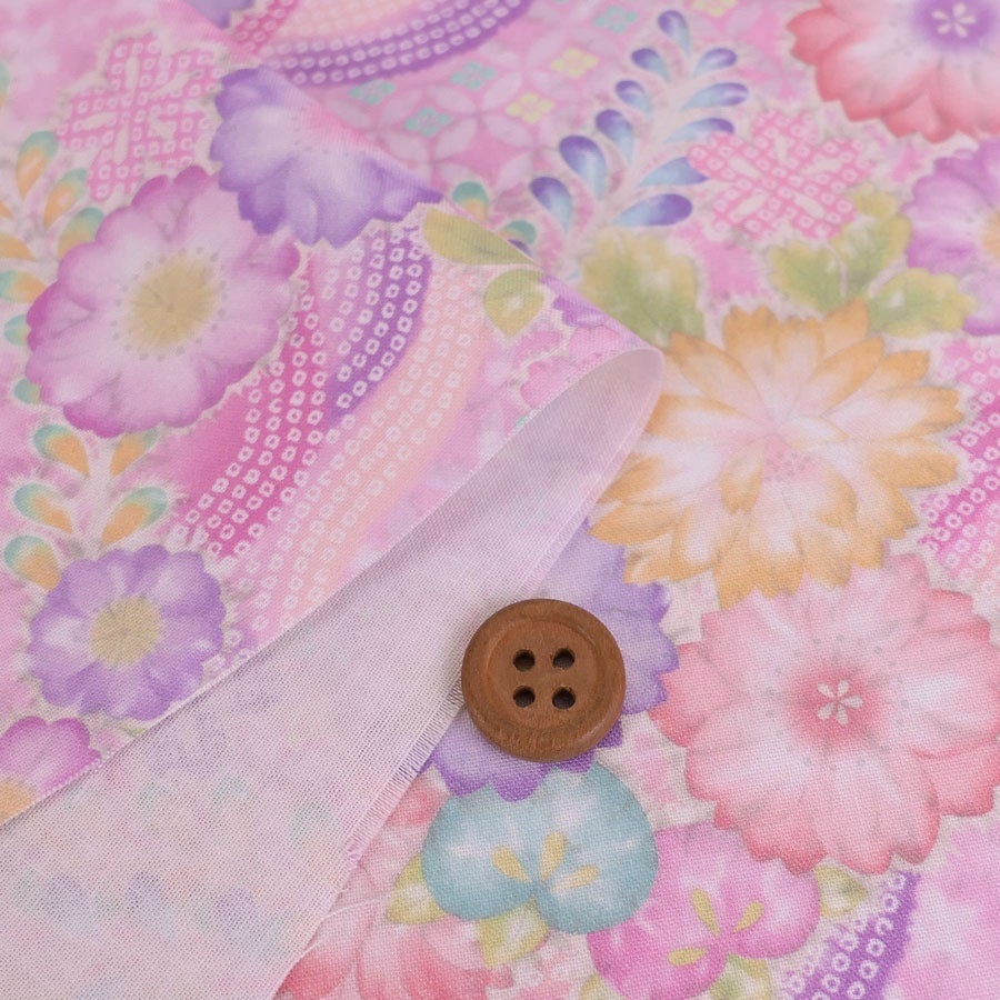 和柄コットン生地 辻が花調花づくし(ピンク) 10cm単位 切り売り