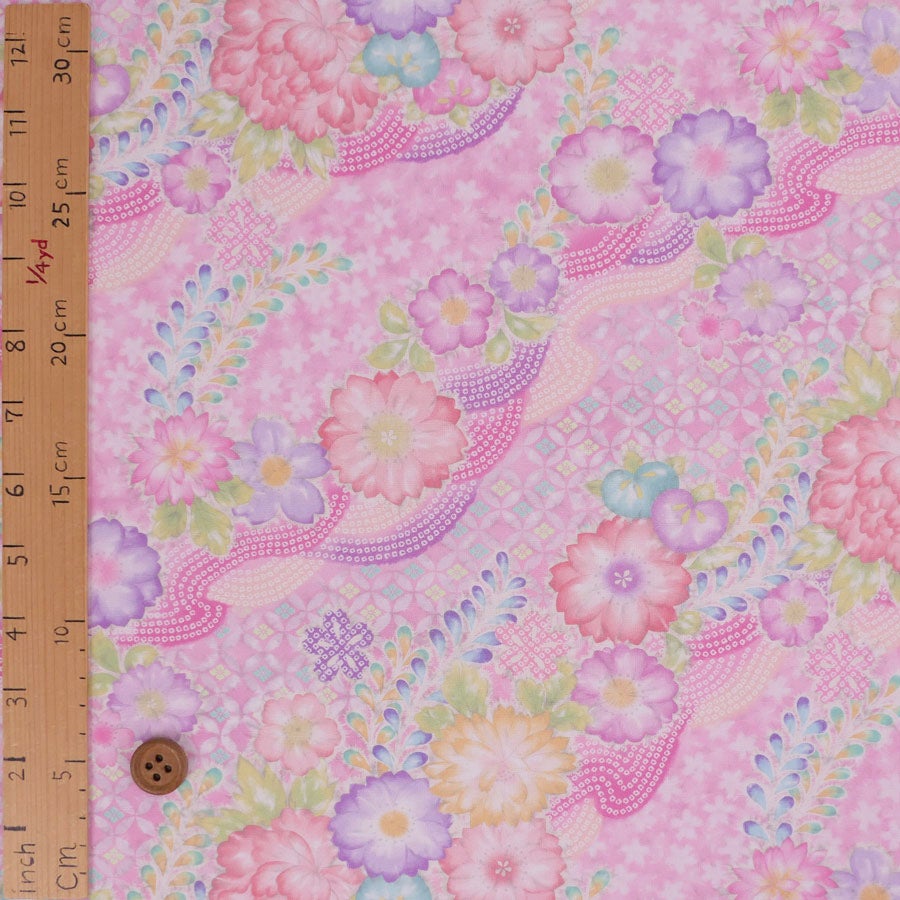 和柄コットン生地 辻が花調花づくし(ピンク) 10cm単位 切り売り